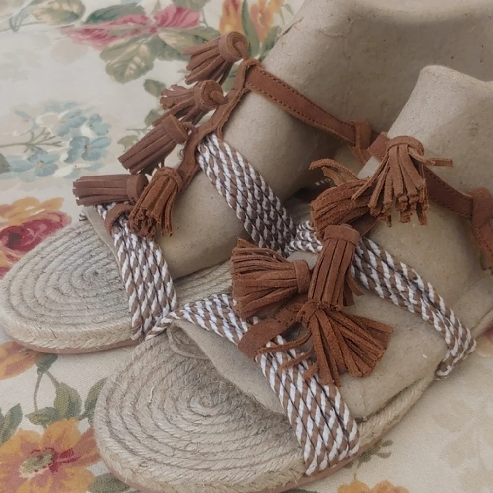 Anthropologie Brown Suede and Jute Rope Women's Sandals with Tassels size 8